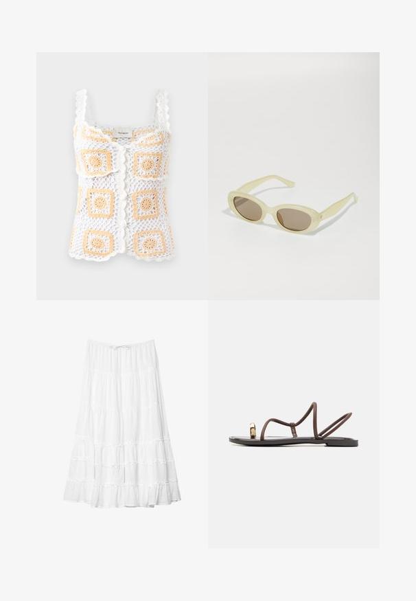 Biely háčkovaný top s oranžovými štvorcovými vzormi, s volánovými ramienkami a zapínaním na gombík. Vyrobený z ľahkej, textúrovanej látky.; Biely vrstvený sukňa s volantovými akcentmi, elastický pás, dlhá po členky, vyrobená z ľahkej látky, hladká textúra, bez viditeľných vzorov.; Hnedé ploché sandále s množstvom štíhlych popruhov, s prstovým slučkou a zlatým akcentom. Podošva je plochá a má hladký povrch.; Oválne slnečné okuliare s priesvitným svetložltým rámom a hnedými šošovkami. Majú úplne hladký povrch a jemné kovové akcenty na stranách.; Tkaná slamienková kabelka v tvare polmesiaca, s textúrovaným povrchom, béžovej farby a ozdobnou strapcovou aplikáciou. Zlaté kovanie s logom.