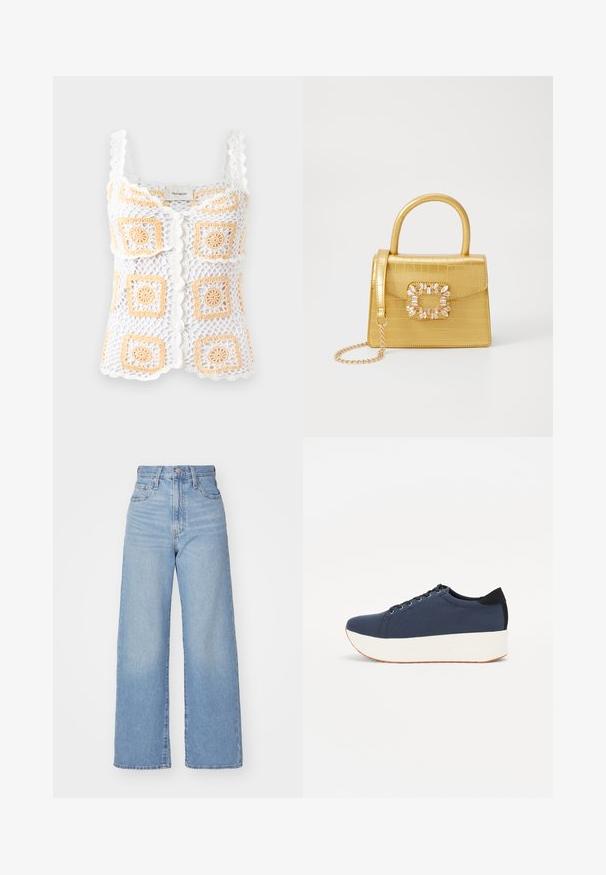 Baltas nėrinių topas su oranžinėmis kvadratų raštais, su blyškiais petnešomis ir mygtuko uždarymu. Pagamintas iš lengvos, tekstūruotos medžiagos.; Šviesiai mėlynos aukšto liemens plačios kojos džinsai su priekiniais užtrauktukais ir sagom, priekinėmis ir galinėmis kišenėmis, ant baltos fono.; Tamsiai mėlynas sportinis batelis su tekstūruotu audiniu viršuje, baltu platformos padu, apvaliu pirštu ir juodu kulno akcentu.š. Yra šešios skylės raišteliams.; Geltonas dirbtinės krokodilo odos rankinukas su standžiu dizainu, viršutine rankena, nuimamu grandininiu dirželiu ir dekoratyviniu krištolo papuošimu ant užsegimo.