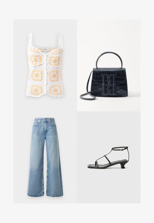 Witte gehaakte top met oranje vierkante patronen, voorzien van geschulpte bandjes en een knoopsluiting. Gemaakt van lichtgewicht, gestructureerde stof.; Lichtblauwe denim wijde jeans met een hoge taille, voorzien van vier zakken, een knoopsluiting en subtiele vervaging op de stof.; Zwarte leren sandaal met een vierkante neus, dunne banden, een verstelbare enkelriem en een lage hak. Heeft een kleine gouden accent op de band.; Zwarte handtas van krokodillleer met een gestructureerd ontwerp, bovenhandvat, verstelbare schouderband en een opvallend voorlogo.