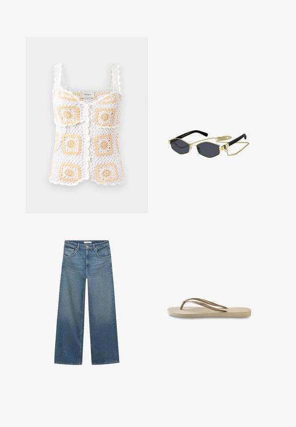White crochet top with orange square patterns, featuring scalloped straps and a button closure. Made from lightweight, textured fabric.; Light blue wide-leg jeans made from denim, featuring a mid-rise waist, two front pockets, and classic stitching details.; Light beige flip-flop with textured footbed, flat sole, and thin, shiny straps. Features subtle branding on the strap.; Octagonal sunglasses with dark lenses, gold metal accents, and black plastic arms; includes a detachable gold chain.; White handbag with textured, scalloped shell-like embellishments. Features a woven handle and a silver chain strap for versatility.