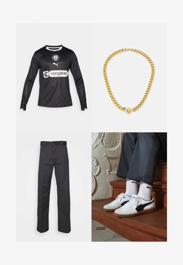 Maillot de football à manches longues noir avec un motif texturé subtil, col et poignets blancs, arborant un logo circulaire et une grande impression de sponsor.; Pantalons noirs en tissu durable, dotés d'une coupe droite, d'une taille avec passants de ceinture et de coutures pour une texture ajoutée.; Baskets Puma en daim blanc et noir, avec une semelle en caoutchouc marron. Associées à des chaussettes blanches arborant un logo noir, portées avec un pantalon sombre.; Collier en chaîne dorée avec de grands maillons entrelacés, présentant un détail de pendentif circulaire au centre avec un emblème en relief.