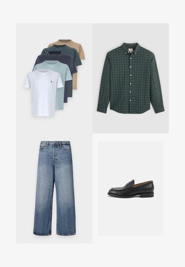 Sada pěti bavlněných triček v různých barvách: bílá, světle modrá, tmavě modrá, zelená a béžová. Klasický design s kulatým výstřihem a malým logem.; Kostkovaná košile s dlouhým rukávem v zelené, modré a žluté barvě, s bílými knoflíky a zapínacím límcem.; Modré džínové kalhoty s širokým střihem, vybledlý wash, pět kapsových design a zapínání na knoflík. Vybavené poutky na opasek a prošívanými detaily.; Černé kožené mokasíny s hladkým povrchem, zaoblenou špičkou a dekorativním prošíváním na svršku. Nízký podpatka a mírný lesk.