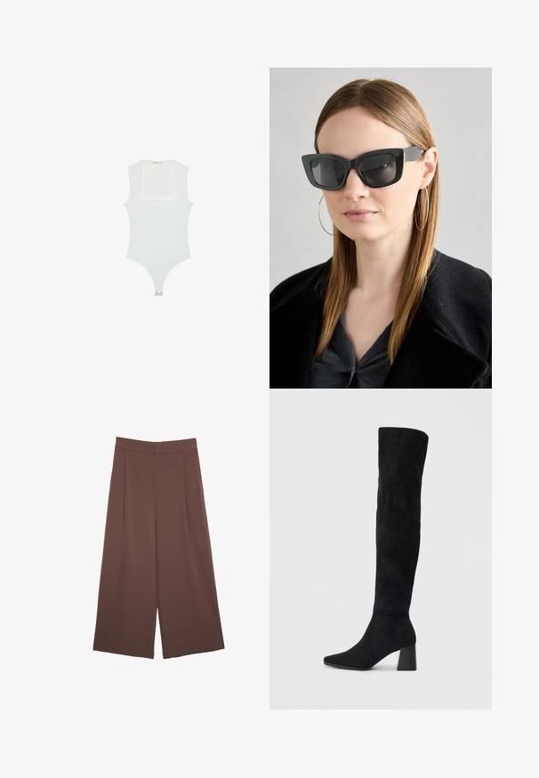Witte bodysuit met een vierkante halslijn, mouwloos ontwerp, gladde textuur en drukknoopsluiting aan de onderkant. Eenvoudige en minimalistische stijl.; Bruine wijde broek met een gladde textuur, voorzien van een hoge taille en plooien aan de voorkant. De stof is lichtgewicht en valt losjes.; Zwarte suède kniehoge laars met blokhak, spitse neus en een glad, naadloos ontwerp op een effen lichte achtergrond.; Zwarte cat-eye zonnebril met donkere lenzen, dikke monturen en subtiele accenten. Draagt een zwarte jas en een grijze top, met lang stijl haar.