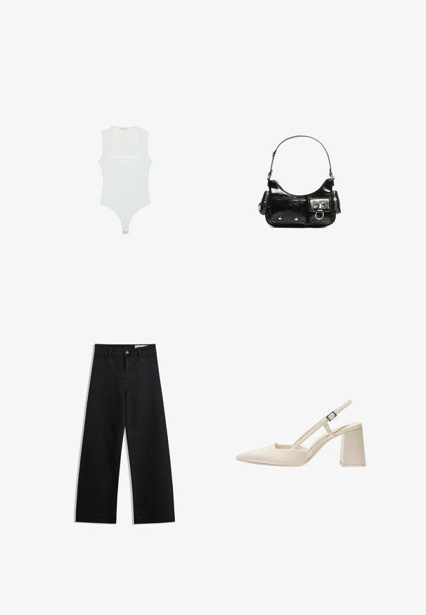 Bijela bodi s kvadratnim izrezom, bez rukava, glatke teksture i kopčanjem na dnu. Jednostavan i minimalistički stil.; Crne široke traperice s visokim strukom, s prednjim i stražnjim džepovima, šivenim šavovima i kopčanjem na gumb. Glatka tekstura.; Bež sandale s otvorenom petom, s uskim vrhom, sjajnim paten završetkom, srednjom blok petom i podesivim remenom. Minimalistički dizajn s otvorenim stranama.; Crna patentna kožna torba s zakrivljenim oblikom, jednim remenom za rame, prednjim džepovima i akcentima od srebrnog tona.