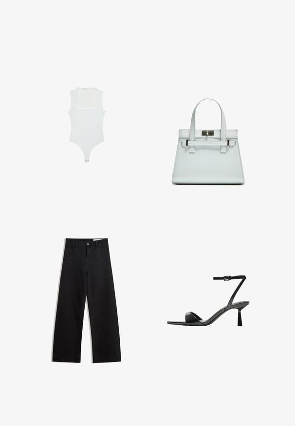 Body bianco con scollatura quadrata, design senza maniche, texture liscia e chiusura a pressione sul fondo. Stile semplice e minimalista.; Pantaloni in denim neri a gamba larga con vita alta, dotati di tasche anteriori e posteriori, cuciture a punto, e chiusura con bottone. Texture liscia.; Bershka Sandali con tacco - black; Borsa a mano azzurro chiaro con design strutturato, due manici e chiusura in metallo tono argento. Materiale testurizzato e angoli acuti.
