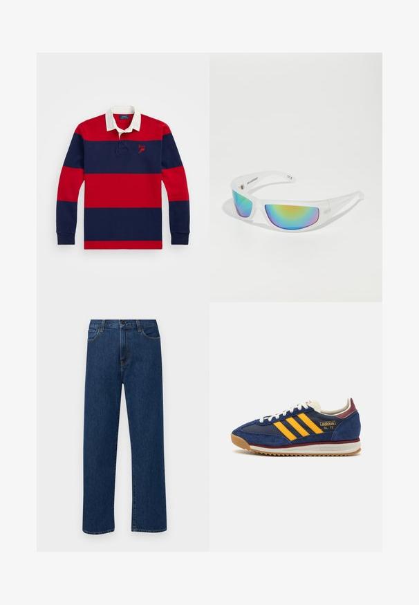 Πολυάρι με μακρύ μανίκι, λευκό γιακά, κόκκινες και ναυτικού χρώματος οριζόντιες ρίγες, κεντητό λογότυπο στο στήθος και ριμπ μανσέτες. Υλικό από βαμβάκι.; Σκούρο μπλε τζιν παντελόνι με ίσια γραμμή, με μπροστινές τσέπες και κλείσιμο με κουμπί, το οποίο προβάλλεται σε λευκό φόντο.; Ναυτικά σουέτ sneakers με κίτρινες ρίγες, λευκή κορδέλα και μπορντό λεπτομέρειες. Υφασμάτινη σόλα με αυλάκια για πρόσφυση. Λογότυπο της μάρκας στο πλάι.; Γυαλιά ηλίου με διαφανή λευκή κοφάν και ανακλαστικούς πολύχρωμους φακούς. Διαθέτουν αθλητικό σχέδιο και ρευστή γραμμή.