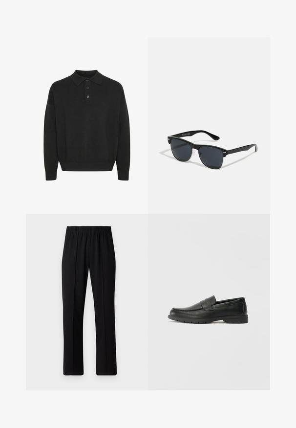Solid SDNAHIM - Langarmshirt - true black; Schwarze, Gummibund-Hosen mit geradem Schnitt, die eine glatte Textur aufweisen und keine sichtbaren Muster oder Beschläge haben.; Schwarze Lederloafers mit glatter Oberfläche, Mokassin-oberteil, genähten Details und Gummisohle. Klassisches Design mit niedrigem Absatz.; Schwarze Sonnenbrille mit rechteckiger Form, dunklen Gläsern, silbernen Akzenten an den Bügeln und mattierter Oberfläche des Rahmens.