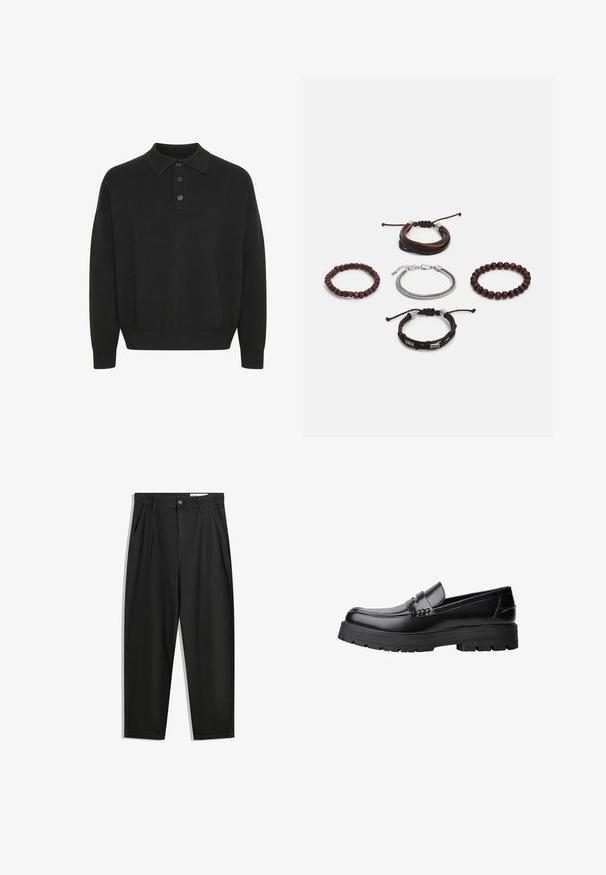 Solid SDNAHIM - Bluză cu mânecă lungă - true black; Pantaloni negri din bumbac cu croială lejeră, având un brâu clasic, plii frontale și buzunare laterale. Textură netedă fără modele.; Mocasini din piele neagră, cu talpă groasă și profilată și bandă decorativă pe partea superioară, prezentati din profil stâng pe fundal alb.; Set de cinci brățări cu piele maro, mărgele din lemn și un lanț argintiu; texturi și forme variate, cu închideri ajustabile.