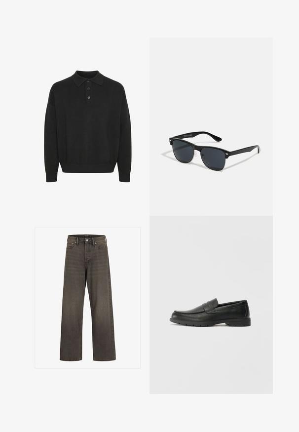 Solid SDNAHIM - Topper langermet - true black; Videbukser i mørkegrå denim, med høj talje, klassisk fem-lomme design og kontrasterende syninger langs sømmene.; Svart skinnloafers med glatt finish, mokkasin-stil overdel, broderte detaljer og gummisåle. Klassisk design med lav hæl.; Sorte solbriller med rektangulær form, mørke linser, sølvfargede detaljer ved templene, og en matt finish på rammen.