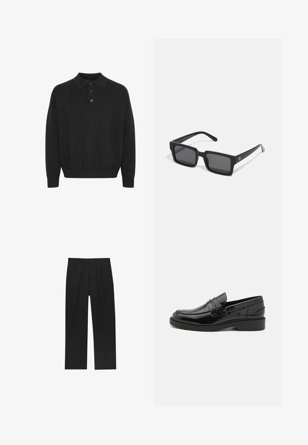 Solid SDNAHIM - Longsleeve - true black; Zwarte broeken met een recht model, gemaakt van een gladde stof. Voorzien van een voorplooien en een enkele knoopsluiting bij de taille.; Zwarte leren instappers met een gladde afwerking, ronde neus, lage hak en decoratieve stiksels aan de voorkant. Rubberen buitenzool voor grip.; Zwarte rechthoekige zonnebril met donkere lenzen; gemaakt van plastic, met een gladde afwerking, dikke monturen en subtiele branding aan de zijkant.