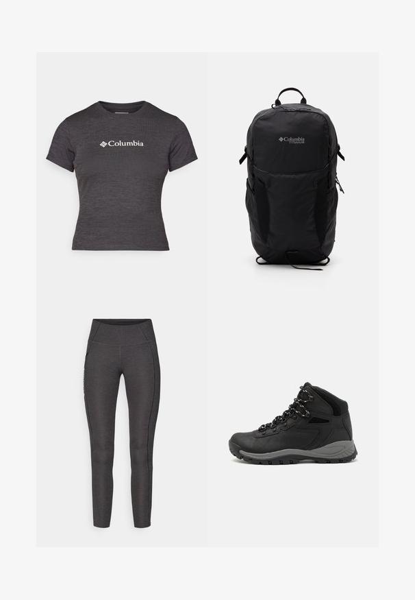 Camiseta de manga corta en gris oscuro, hecha de un tejido texturizado con cuello redondo, que presenta un logo blanco de Columbia en el pecho.; Leggings de cintura alta en gris oscuro, hechas de una tela texturizada. Presentan un diseño ajustado y bolsillos laterales para almacenamiento.; Bota de senderismo negra con un diseño de medio caña, que cuenta con una parte superior texturizada, acentos grises y una suela de goma duradera con tacos de tracción.; Mochila Columbia Titanium negra con una textura de tela suave, bolsillos laterales, asa superior y correas ajustables. Diseño minimalista con una marca sutil.