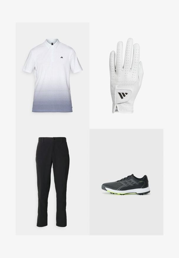 Biela polo košeľa s krátkymi rukávmi a námorníckym modrým gradientovým bodkovaným vzorom, s malým námorníckym logom na ľavej hrudi.; Čierne nohavice vyrobené z tkaného materiálu, s rovnými nohavicami, prednými vreckami a jedným gombíkom na zapínanie so zipsom.; Čierne športové topánky s textúrovaným zvrškom, reflexnými akcentmi a bielou medzipodrážkou. Majú zelenú gumovú podrážku s trakčnými hrotmi.; Biele kožené golfové rukavice s perforovanými prstami, texturovaným šitím a čiernym akcentovým logom na zápästí. Úzky strih na zabezpečenie úchopu.