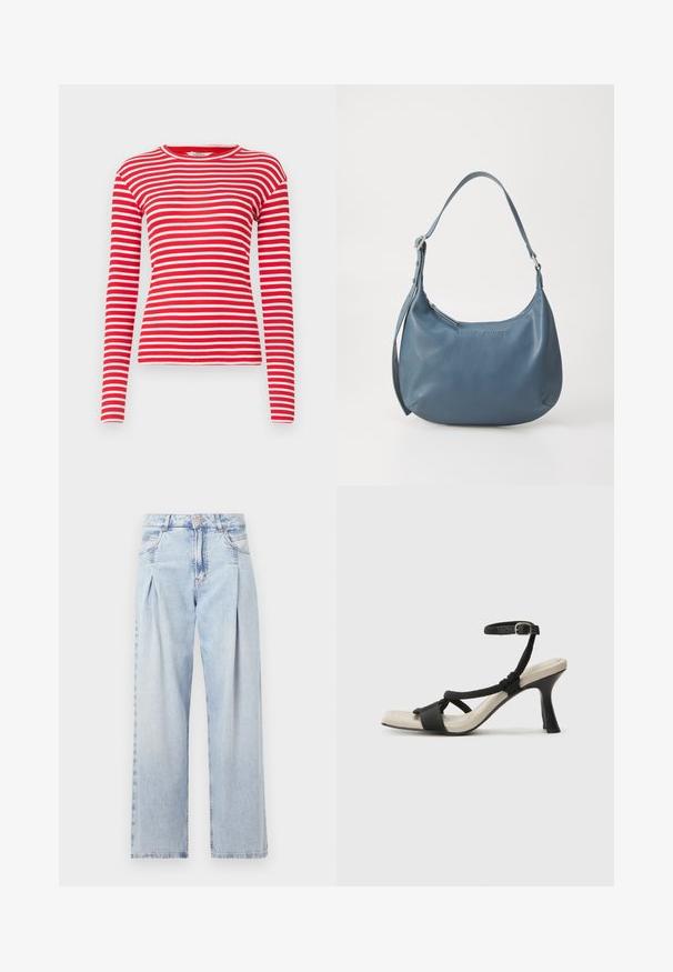 Červené a biele pruhované tričko s dlhým rukávom, vyrobené z rebrovanej tkaniny, s okrúhlym výstrihom a priliehavým strihom. Vzor sú horizontálne pruhy.; Svetlomodré džínsy s vysokým pásom, širším strihom po celej dĺžke, dvoma bočnými vreckami a skladaným dizajnom. Mäkka textúra s vyblednutým vzhľadom.; Čierne sandále na podpätku s pleteným pásikom, štvorcovou špičkou a nastaviteľným remienkom okolo členka. Svetlobéžová stielka s lesklým čiernym podpätkom.; Modrá kožená kabelka s oblým tvarom, jedným ramenným popruhom, zipsovým uzatváraním a embosovaným názvom značky na prednej strane. Hladká textura.