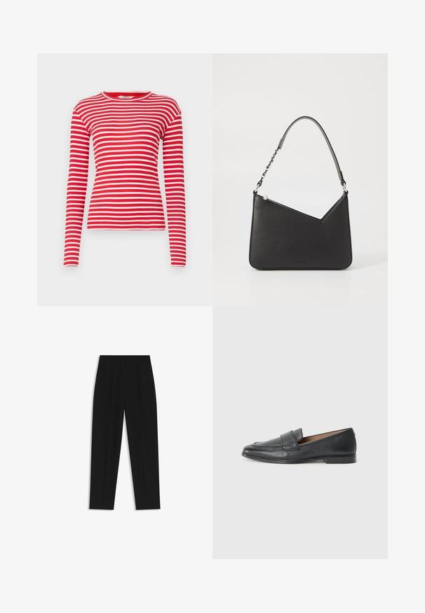 Langärmeliges Shirt mit rot-weißen Streifen, aus geripptem Stoff, mit Rundhalsausschnitt und figurbetonter Passform. Das Muster besteht aus horizontalen Streifen.; Schwarze Hose mit geradem Schnitt, doppelten Falten, einer glatten Textur und einem klassischen Bunddesign. Keine sichtbaren Beschläge oder Akzente.; Schwarze Lederloafers mit glatter Textur, einem leichten Glanz, runder Spitze und einer kleinen dekorativen Naht an der Vorderseite.; Schwarze Lederhandtasche in dreieckiger Form, mit schmalem Tragegurt und silbernem Zubehör. Sie verfügt über einen Reißverschluss und ein geprägtes Logo auf der Vorderseite.