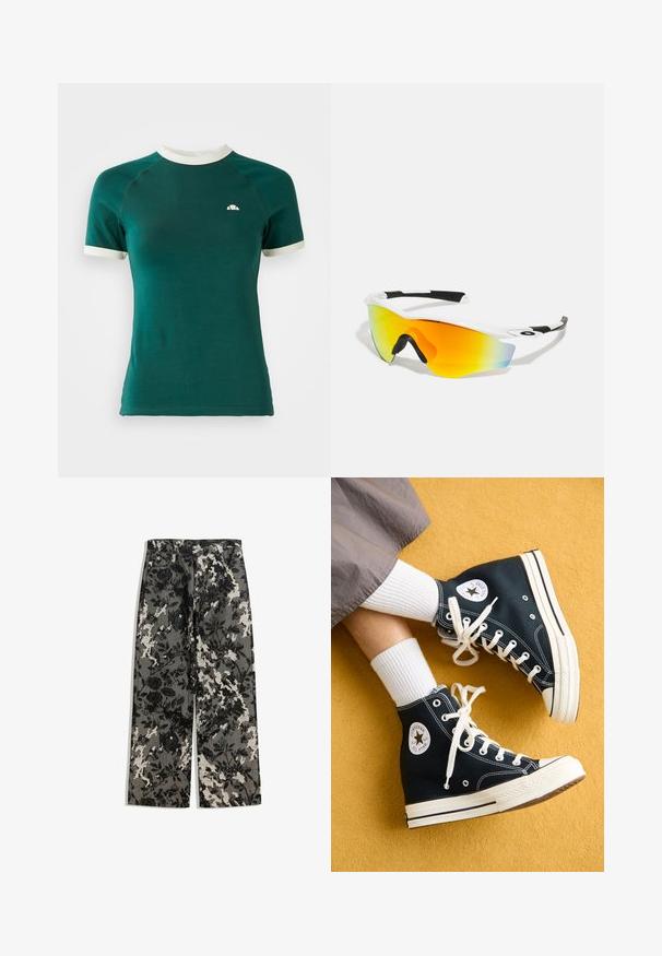 Zelené tričko s krátkym rukávom a bielym rebrovaným okrajom okolo krku a manžetami na rukávoch. Obsahuje malé logo na hornej časti ľavej hrudi.; Polozované široké nohavice s textúrovaným čierno-bielym kvetinovým vzorom na šedom pozadí, s klasickým pásom a prednými vreckami.; Čierne vysoké plátené tenisky s bielymi šnúrkami a gumovými podrážkami, na vonkajšej strane s okrúhlym logom Converse All Star.; Biele športové slnečné okuliare s zakriveným dizajnom, čiernymi gumovými akcentmi a zrkadlovými oranžovo-žltými šošovkami, ktoré prechádzajú do modra.