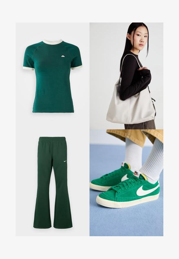 Zaļš īsām piedurknēm T-krekls ar baltu ribotu apaļu kakla izgriezumu un piedurkņu malām. Satur nelielu logo augšējā kreisajā krūšu daļā.; Tumši zaļi Nike sporta bikses ar elastīgu jostu, sānu kabatām, platiem gariem galiem un baltu Nike Swoosh logo kreisajā augšstilbā.; Zaļi zamša tenisi ar baltu Nike zīmolu, gumijas zoli un mīkstinātu apkakli. Strukturēta virsma ar plakanām auklām un dzīvīgu krāsu akcentiem.; Bežs rokassoma, izgatavota no mīksta materiāla, ar brīvu dizainu, izšūtu apdari un divām plecu siksnām. Piemērota ikdienas lietošanai.