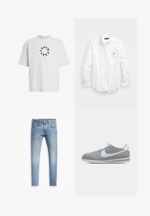 Balts kokvilnas T-krekls ar apaļu melnu grafiku, kas satur tekstu "SAINT LAURENT LONDON" aplī. Īsas piedurknes.; Balta garām piedurknēm pogājamā krekla izgatavots no kokvilnas. Iezīmē klasisku apkakli, poga aproces un mazu tumši zilu izšūtu logo uz krūšu.; Gaiši zili pieguļoši džinsi ar nelielu izbalēšanu uz gurniem, ar pogu aizdari priekšā, jostas cilpām un piecu kabatu stilu uz baltā fona.; Pelēkie sporta apavi ar zamša un tekstila augšu, balto Nike logotipu un baltiem šņorēm. Iezīmējas ar strukturētu gumijas zoli un mīkstu apkaklīti.