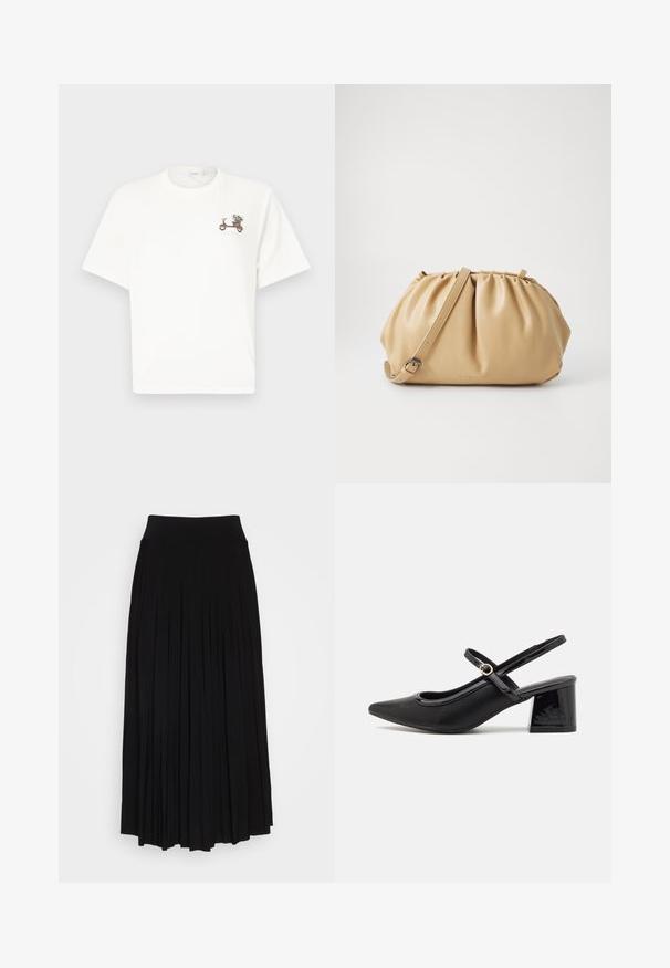 Tricou alb din bumbac, cu un grafic al unei trotinete împodobite cu flori, mâneci scurte și guler rotund. Textură netedă, design casual.; Fustă plisată neagră cu un talie înaltă, elastică. Fabricată dintr-un material moale, prezintă plisuri verticale pentru o siluetă fluidă.; Cizme cu toc slingback din piele sintetică lacuită neagră, cu vârful ascuțit, un design cu decupaj rotunjit și toc bloc. Include un accent cu cataramă de culoare aurie.; Geantă de mână din piele colorată în nuanțe de chihlimbar, cu un design pliat, curea ajustabilă și o formă rotunjită. Branding minimal pe suprafața frontală.