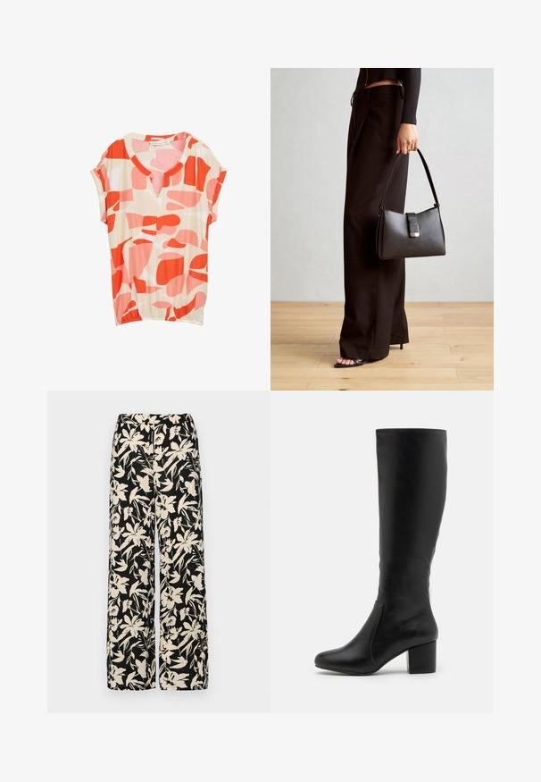 Īsām piedurknēm, izgatavota no viegla auduma, blūze ar bēša fona apdari, uz kuras ir abstraktas sarkanas un rozā formas, un V veida dekoltē.; Melni platie bikses ar krēmkrāsas ziedu rakstu. Izgatavotas no viegla auduma, kuram ir gluda tekstūra un augsta jostasvietas daļa.; Ceļgala augstuma melni ādas zābaki ar gludu tekstūru, noapaļotu purngalu, sānu paneļiem un masīlu bloku papēdi.; Melnā somiņa ar strukturētu formu, gludu tekstūru un metālu sprādzi. Saskaņota ar platām melnām biksēm un sandālēm ar atvērtu purngalu uz koka grīdas.