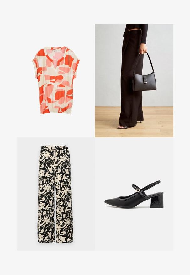 Blouse à manches courtes en tissu léger, avec un fond beige et des formes abstraites rouges et roses, et un décolleté en V.; Pantalon large noir avec un motif floral crème. Fabriqué en tissu léger, il présente une texture lisse et une taille haute.; Escarpins slingback en cuir verni noir avec un embout pointu, un design à découpes arrondies et un talon carré. Présente un accent de boucle en ton doré.; Sac à main noir à la forme structurée, texture lisse et fermoir métallique. Associé à un pantalon noir ample et des sandales ouvertes sur un sol en bois.
