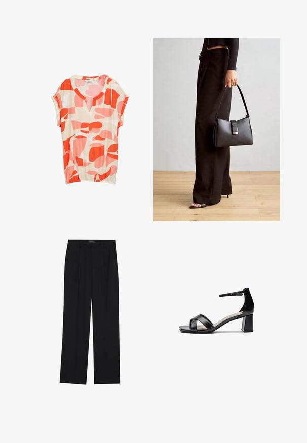 Trumpas rankovėmis bluzonas, pagamintas iš lengvos medžiagos, su smėlio spalvos fonu, kuriame pavaizduotos abstrakčios raudonos ir rožinės formos, ir V formos kaklu.; Juodos kelnes su tiesiomis sijonais, turinčios dvi priekinės kišenės ir juosmenį. Pagamintos iš lygios, lengvos medžiagos.; Juodos atviros pirštų aukštakulnės šlepetės su kryžminėmis dirželiais, reguliuojamu kulkšnies dirželiu ir masyviu kulnu, pasižyminčios lygaus odos tekstūra.; Juodas rankinė struktūrizuota forma, lygi tekstūra ir metalinis užsegimas. Suporuota su plačiomis juodomis kelnėmis ir atvirais bateliais ant medinių grindų.