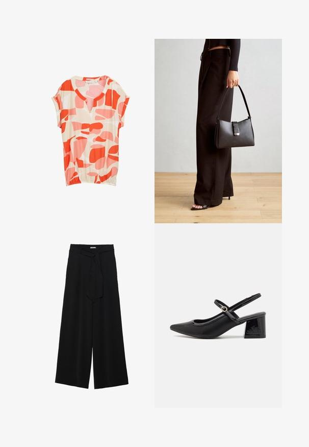 Bluză cu mânecă scurtă dintr-un material ușor, având un fundal bej cu forme abstracte în nuanțe de roșu și roz, și un decolteu în V.; Pantaloni largi negri dintr-un material texturat, cu un tiv elastic și o panglică detașabilă la talie pentru un fit ajustabil.; Cizme cu toc slingback din piele sintetică lacuită neagră, cu vârful ascuțit, un design cu decupaj rotunjit și toc bloc. Include un accent cu cataramă de culoare aurie.; Genți negre cu o formă structurată, textură netedă și un închizător metalic. Asortată cu pantaloni negri largi și sandale cu vârf deschis pe un podea din lemn.
