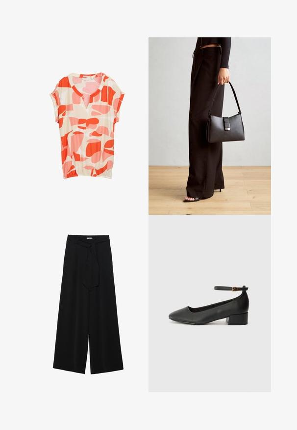 Kortærmet bluse lavet af letvægtsstof, der har en beige baggrund med abstrakte røde og lyserøde former samt en V-halsudskæring.; Sorte vide bukser i en tekstureret stofkvalitet, med elastisk talje og et aftageligt bånd i taljen for justerbar pasform.; Sorte læderpumper med spids tå og en lav blokhæl. Har en ankelrem med en guldfarvet spænde. Glat tekstur.; Sort håndtaske med struktureret form, glat overflade og metalspænde. Sammen med brede sorte bukser og sandaler med åben tå på trægulv.