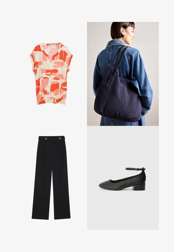 Trumpas rankovėmis bluzonas, pagamintas iš lengvos medžiagos, su smėlio spalvos fonu, kuriame pavaizduotos abstrakčios raudonos ir rožinės formos, ir V formos kaklu.; Juodi plačios kojos kelnės su aukštu liemeniu, sagų detalėmis ant liemens ir priekinėmis raukšlėmis.; Juodas odinis aukštakulnis batelis su smailiu pirštu ir žemu bloku. Su kulkšnies dirželiu su auksinės spalvos sagtimi. Lygus paviršius.; Tamsiai mėlynas drobės petinis krepšys su minkšta, struktūruota forma, pasižymintis juodu diržu, siuvinėtomis detalėmis ir mažyčiu prekės ženklo žymekliu.