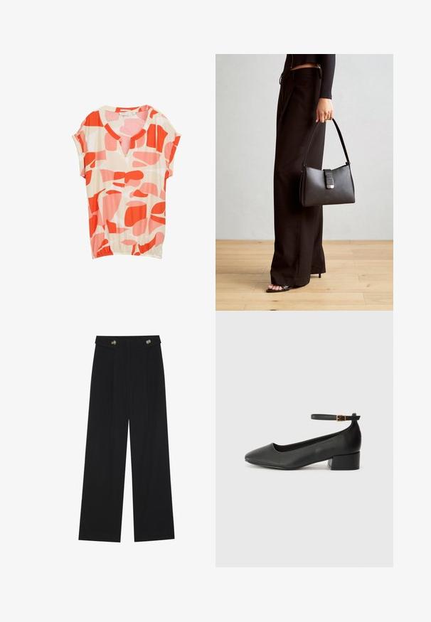 Blusa de manga corta hecha de tela ligera, con un fondo beige y formas abstractas en rojo y rosa, con un diseño de escote en V.; Pantalones de pierna ancha negros con cintura alta, detalles de botones en la cinturilla y pliegues en la parte delantera.; Zapato de tacón negro de cuero con punta afilada y tacón bajo cuadrado. Presenta una correa para el tobillo con una hebilla en tono dorado. Textura suave.; Bolso negro con forma estructurada, textura suave y un cierre metálico. Combinado con pantalones anchos negros y sandalias de dedo en un suelo de madera.