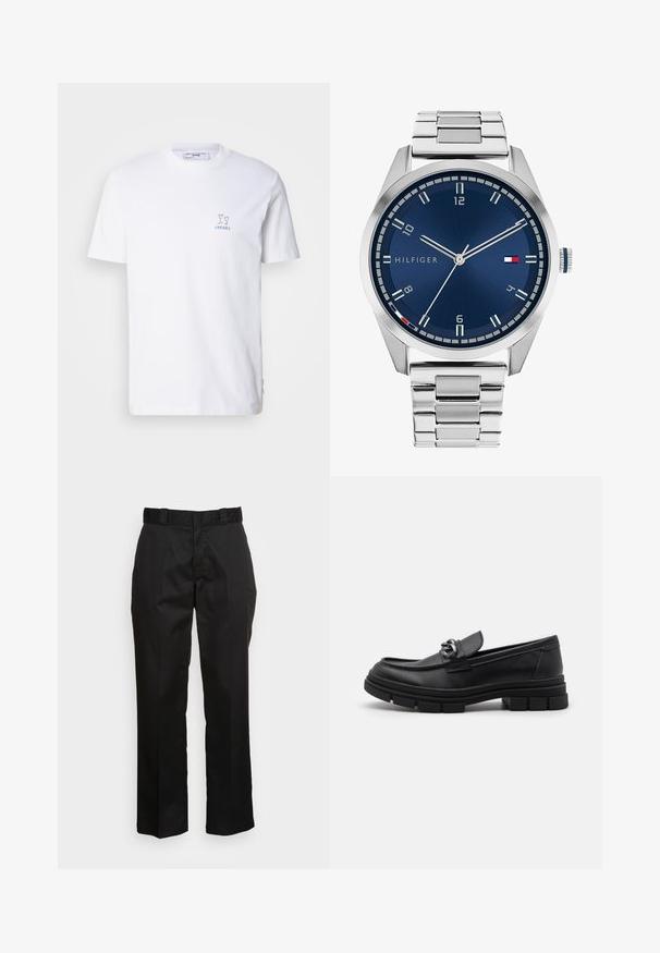 Camiseta de algodón blanca con mangas cortas, que presenta un pequeño gráfico azul de dos copas y la palabra "CHEERS" impresa debajo.; Pantalones negros hechos de una tela suave, con un diseño de pierna recta, trabillas para cinturón y dos bolsillos laterales. Un aspecto clásico sin adornos.; Mocasín de cuero negro con punta redondeada, una correa decorativa con herrajes y una suela gruesa y texturizada. Acabado suave con detalles sutiles.; Reloj de metal plateado con una esfera azul cepillada, marcadores de hora blancos y una pantalla de fecha. Presenta una pulsera metálica articulada y el logo de la marca.; Collar de cadena plateada con eslabones gruesos y un colgante circular central con intrincados detalles. Superficie de metal lisa y reflectante.