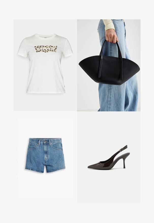 Levi's® THE PERFECT TEE - T-shirts med print - bw leopard cloud dancer; Lys blå denimshorts med fem lommer, glidelås og knappefeste. Bunnkanten er slitt med et avslappet passformdesign.; Slingback høyhælte sko i blankt mørkebrunt patentlær, spiss tå, åpne sider og justerbar ankelrem.; Svart skinnveske med en unik vifteform, med flate håndtak. Overflaten har en pebblelignende tekstur og et minimalistisk design.