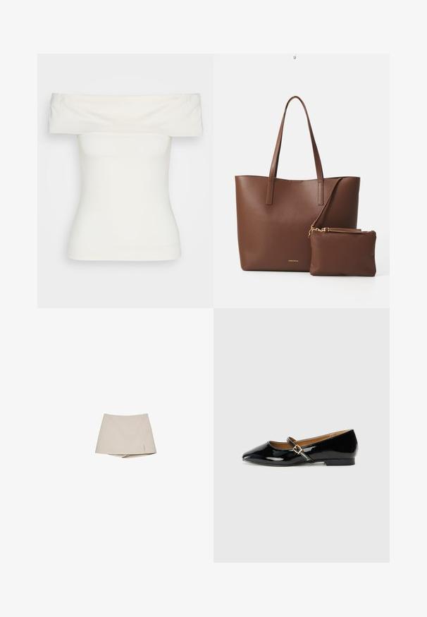 Biała bluzka typu off-the-shoulder, wykonana z elastycznego materiału, dopasowany krój, gładka struktura z szerokim dekoltem i krótkimi rękawami. Bez wzorów ani zdobień.; Beżowy spódniczko-spodenki dla kobiet z lekkim rozcięciem z przodu i przyszytymi spodniami, zaprezentowane na białym tle.; Czarne lakierowane baleriny z spiczastym noskiem, paskiem w kostkę z złotym zapięciem i niskim słupkowym obcasem. Gładkie, lśniące wykończenie.; Brązowa torba tote z syntetycznej skóry, z dwiema długimi rączkami i dopasowaną małą saszetką. Powierzchnia ma teksturowany wzór i złote akcenty.
