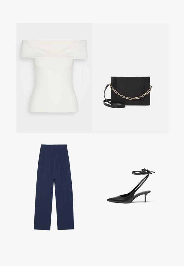 Balta off-the-shoulder palaidinė, pagaminta iš tamprių medžiagų, prigludusio kirpimo, lygaus paviršiaus, su plačiu kaklu ir trumpomis rankovėmis. Be raštų ar akcentų.; Tamsiai mėlynos plačios kelnės, pagamintos iš minkštos medžiagos, su priekiniu raukiniu, lygiu paviršiumi ir tiesiu siluetu be matomų kišenių.; Juodas odinis stiletto batelis su smailiu nosiu, atvira nugara ir užrištomis kulkšnies juostelėmis. Plonas 3 colių kulnas. Lygi tekstūra, minimalistinis dizainas.; Juodas odinis per petį nešiojamas krepšys turi lygų paviršių, stačiakampio formą ir metalinę grandinėlę priekyje. Pridedama reguliuojama dirželis.