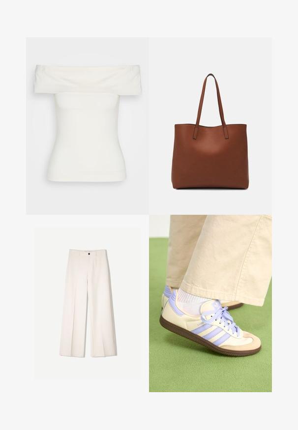 Biela off-shoulder blúzka vyrobená z elastického materiálu, priliehajúci strih, hladká textúra s širokým výstrihom a krátkymi rukávmi. Bez vzorov alebo dekorácií.; Krémové široké nohavice s nohavicami na mieru, s dvoma prednými vreckami a jedným predným zapínaním na gombík, vyrobené z hladkej tkaniny.; Krémovo-fialové tenisky so tromi pruhmi a štruktúrovanou hnedou podrážkou, s šnúrkami a polstrovaným opätkom. Mäkký textilný zvršok.; Hnedá kožená taška na rameno s hladkou textúrou, otvoreným vrchom a dvoma ramenými popruhmi. Má minimálne šitia a žiadne viditeľné kovania.