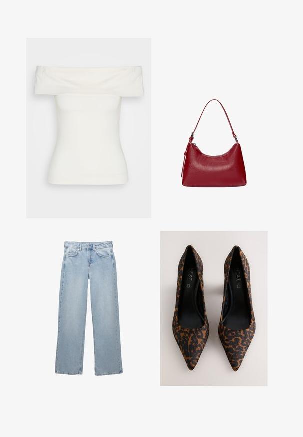 Bela bluza brez naramnic, izdelana iz raztegljive tkanine, prilega se telesu, ima gladko teksturo širokega izreza in kratke rokave. Brez vzorcev ali okraskov.; Svijetloplave traperice širokog kroja, s kopčanjem na dugme i patentni zatvarač, pet džepova i minimalnim šavovima.; Čevlji s tiskanjem leopardjega vzorca, z ostrim sprednjim delom in gladkim črnim notranjim delom. Teksturirana površina ima temno rjave in bež vzorce na črnem ozadju.; Rdeča usnjena torba za ramo z ukrivljeno obliko, gladko teksturo in zadrgo. Ima tanek ročaj za nošenje.