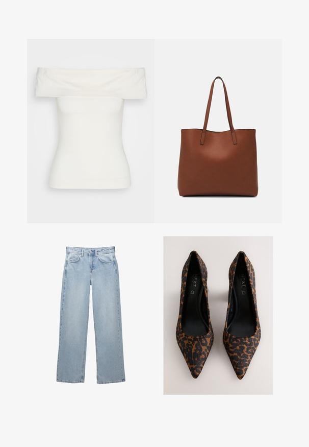 Bijela majica bez ramena izrađena od rastezljivog materijala, prilagođenog dizajna, glatke teksture s širokim izrezom i kratkim rukavima. Bez uzoraka ili akcenta.; Svijetloplave traperice širokog kroja, s patentnim zatvaračem i dugmetom, pet džepova i minimalnim šavnim detaljima.; Pumpsice s uzorkom leopardove kože, sa špicastim vrhom i glatkom crnom unutrašnjošću. Teksturirana površina ima tamno smeđe i bež uzorke na crnoj osnovi.; Smeđa kožna torba preko ramena s glatkom teksturom, otvorenim vrhom i dvjema naramenicama. Ima minimalne šavove i nema vidljivog hardvera.