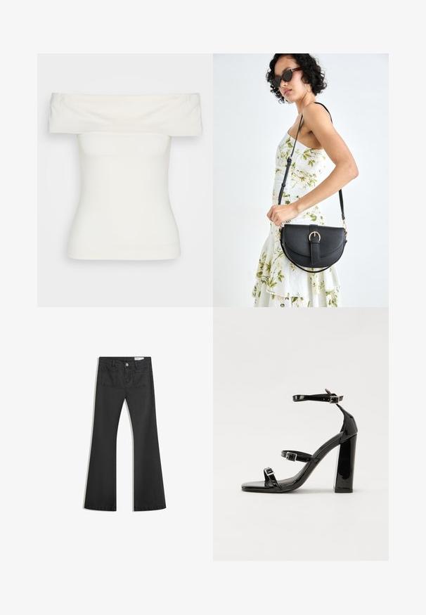 Top alb, fără umeri, fabricat dintr-un material elastic, design ajustat, textură netedă, cu decolteu larg și mâneci scurte. Fără modele sau accente.; Blugi negri evazați din denim cu o textură netedă, având două buzunare la spate și închidere cu buton la talie.; Sandale negre din piele lacuită, cu toc înalt, două curele cu catarame, vârf pătrat și toc gros, având o textură netedă și lucioasă.; Geantă din piele neagră, cu o formă curbată, curea detașabilă și accesorii aurii. Geanta are un capac cu un detaliu tip cataramă.