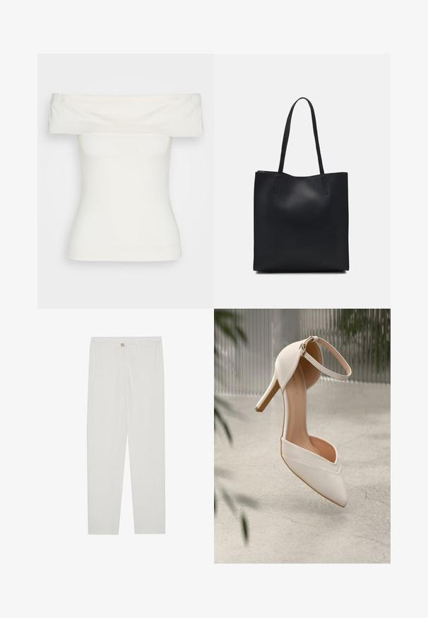 Balts bezplecu tops, izgatavots no elastīga auduma, pieguļoša dizaina, gluda tekstūra ar plašu kakla izgriezumu un īsām piedurknēm. Bez rakstiem vai akcentiem.; Baltas, pielāgots bikses ar taisnu kāju dizainu, ar pogu aizdari, jostu cilpām un sānu kabatām; gluda auduma tekstūra.; Balta augstpapēžu kurpe gludā materiālā ar smailu purngalu un potītes siksniņu. Iekšpuse ir gaiši brūna, un ir zelta tonī detalizējumi.; Melnas ādas somiņa ar gludu tekstūru, taisnstūra formu un divām garām rokturiem. Nav redzamu aparatūras vai rotājumu.