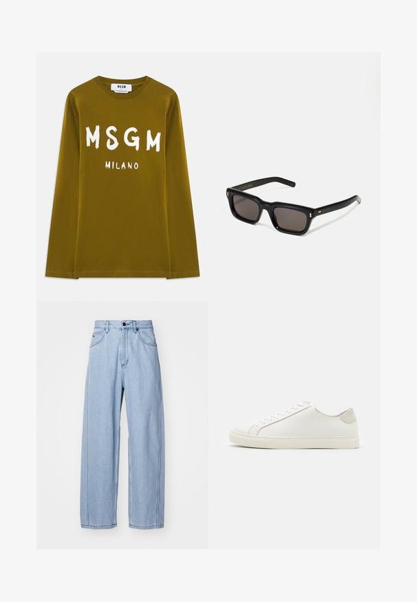 Olive green long-sleeve t-shirt made of cotton, featuring large white "MSGM" and "MILANO" text printed on the front.; Light blue denim jeans with a wide-leg design, featuring front pockets, a button fastening, and detailed stitching along the seams.; White leather sneaker with a smooth surface, round toe, and minimalistic design. Features beige accents on the heel and a rubber sole.; Black rectangular sunglasses with dark lenses, thick plastic frame, gold accents on temples, and brand logo engraved on the arm.