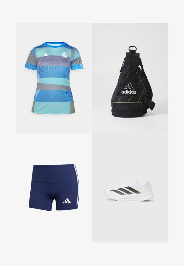 Niebieska i zielona koszulka sportowa w wzory, z krótkimi rękawami, okrągłym dekoltem oraz haftowanym logiem klubu na piersi.; Granatowe szorty sportowe o obcisłym kroju, wykonane z gładkiego materiału, z białymi pasami po bokach i logo w dolnej lewej części.; Białe buty sportowe z czarnymi przekątnymi paskami, siateczkowa cholewka, zaokrąglony nos oraz teksturowana podeszwa. Akcenty obejmują srebrny obcas i minimalistyczny design.; Czarna torba na ramię z materiału, o teksturowanej powierzchni, z białym logo, zielonymi akcentami, regulowanym paskiem oraz przednią kieszenią na zamek. Kompaktowy i trójkątny kształt.
