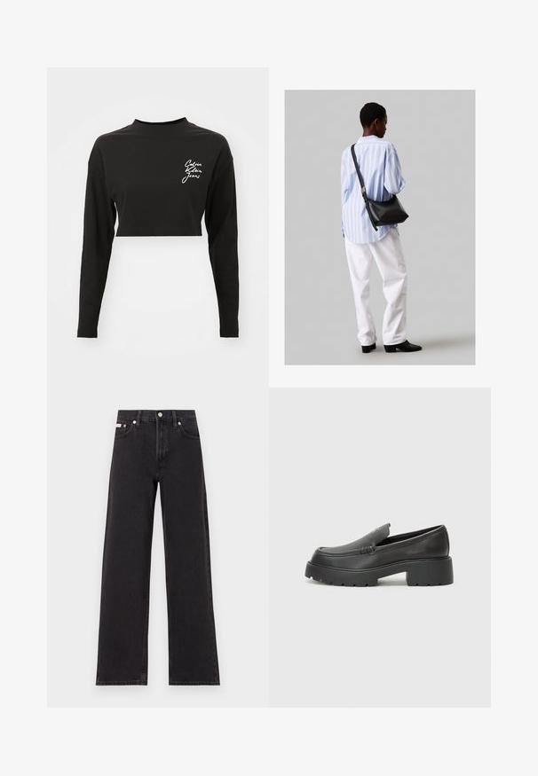 Melna garo piedurkņu kreklā, izgatavots no mīksta kokvilnas materiāla, ar augstu apkakli un baltu logo kreisajā krūtīs.; Melni platmalu džinsi, kas izgatavoti no denima, ar augstu vidukli, piecu kabatu dizainu un metāla pogas aizdari ar kontrastējošu šuvumu.; Melnas ādas mokasīni ar noapaļotu purngalu, biezs teksturēts zoles un minimālas dūriena detaļas. Gluds dizains bez redzamām auklām vai metāla elementiem.; Melna ādas plecu soma ar mīkstu tekstūru, trīsstūra formu un regulējamu siksnu, apvienota ar gaiši zilu svītrotu krekli un baltām biksēm.
