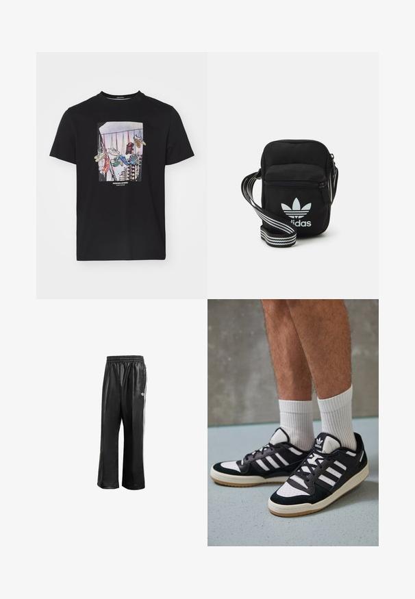 Černé bavlněné tričko s grafikou tenisek zavěšených na šňůře na světlejším pozadí a textem "WEEKEND OFFENDER" pod tím.; Černé syntetické sportovní kalhoty s elastickým pasem, se bílými postranními pruhy a malým bílým logem na levém boku.; Černobílé tenisky s vrchní částí z semišové a kožené kůže, včetně tří bílých pruhů, perforovaného špičky a podrážky z gumy.; Černá crossbody taška z látky se zipovým uzávěrem, obsahující bílé logo Adidas a pruhovaný nastavitelný popruh pro snadné nošení.