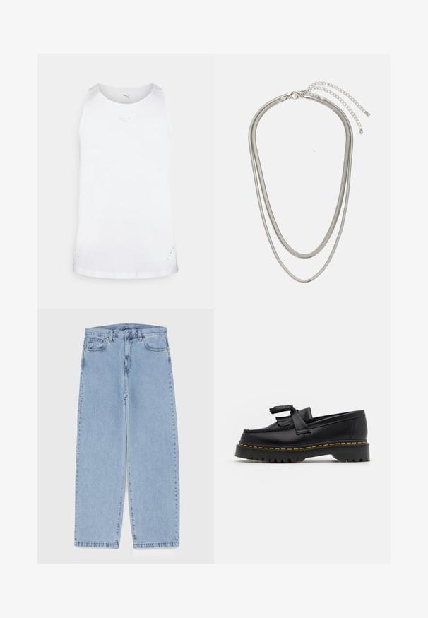 Weißes Sport-Tanktop mit rundem Ausschnitt, ärmellosem Design und dezentem Drucklogo auf der Brust. Verfügt über kleine Belüftungslöcher an den Seiten.; Hellblaue Jeans aus Denim mit geradem Bein, ausgestattet mit einer mittelhohen Taille, fünf Taschen sowie einem Knopf- und Reißverschluss.; Schwarze Lederloafers mit einem fransenverzierten Akzent, ausgestattet mit einer robusten schwarzen Sohle und gelber Naht entlang der Kante. Texturierte Oberfläche.; Dreischichtige Halskette aus Silbermetall mit schlanken, flexiblen Ketten mit leichtem Glanz, gesichert mit einem Karabinerverschluss und verstellbarer Kette.