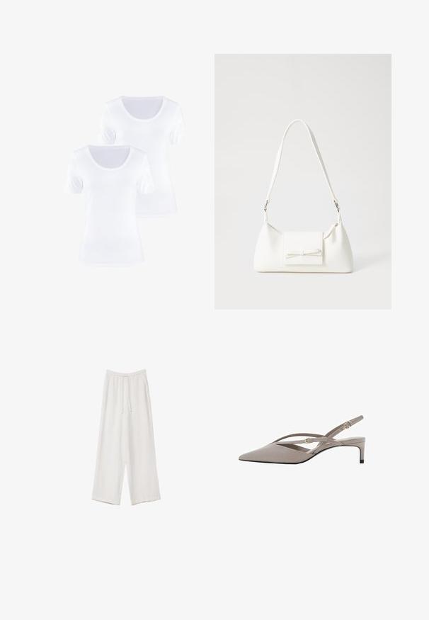 Dvé bílé trička s krátkým rukávem a kulatým výstřihem, vyrobená z měkké bavlněné tkaniny, s hladkou texturou a čistým designem.; Bílé široké kalhoty vyrobené z lehké tkaniny. Mají elastický pas se šňůrkou a boční kapsy. Hladká textura.; Beige lodičky na podpatku s špičatou špičkou, tenkými kříženými pásky a krátkým jehlovým podpatkem. Hladká tkanina s pozlacenými kovovými detaily.; Bílá syntetická kabelka v trojúhelníkovém tvaru, s plochým předním klopným víkem a detailem mašle, nastavitelným popruhem, hladkým povrchem a minimalistickým designem.
