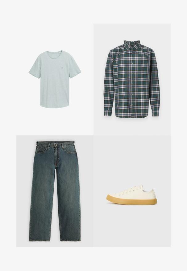 Camiseta de manga corta gris claro con cuello redondo, hecha de suave tela de algodón, que presenta un pequeño logotipo en el lado izquierdo del pecho.; Camisa de franela verde con un patrón a cuadros que presenta líneas en azul, blanco y amarillo mostaza. Con botones en el frente y cuello puntiagudo. Mangas largas.; Jeans de mezclilla de pierna recta en un azul oscuro, con cierre de botón y cremallera, bolsillos frontales y pasadores para cinturón sobre un fondo gris claro.; Zapatillas de lona en color blanco roto con punta redonda, que cuentan con suelas de goma beige y cinco ojetes para los cordones, acabado texturizado en la parte superior.