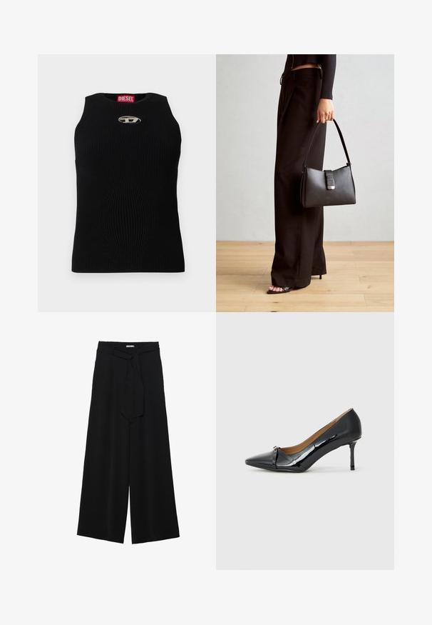 Top de alças preto com textura e decote redondo, apresentando um logo prateado da Diesel ao centro. O tecido é texturizado e ajustado.; Calças largas pretas com um tecido texturizado, uma cintura elástica e um laço destacável na cintura para um ajuste ajustável.; Sapato de salto alto em couro laqueado preto com bico fino, detalhe de tira decorativa na parte da frente e um salto agulha fino.; Bolsa preta com forma estruturada, textura suave e um fecho metálico. Combinada com calças largas pretas e sandálias de salto aberto sobre um chão de madeira.