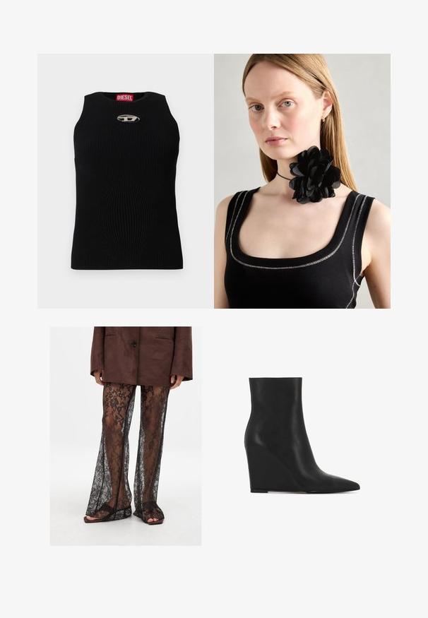 Čierny rebrovaný tielko s okrúhlym výstrihom, s strieborným logom Diesel v strede. Tkanina je textúrovaná a priliehajúca.; Čierne čipkované rozšírené nohavice s kvetinovým vzorom, priehľadnou textúrou a širokými nohavicami, skombinované s hnedými šľapkami.; Čierne klínové ankel topánky vyrobené z textúrovanej kože; majú špicatú špičku a hladký, elegantný dizajn s tvarovanou siluetou.; Čierny kvetinový náhrdelník s lístkami v vrstvenom prevedení, nosený s čiernym rebrovaným tielkom s striebornými akcentmi pozdĺž výstrihu a ramien.