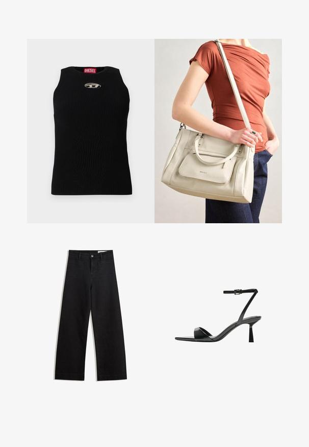Sort ribbet tanktop med rund halsudskæring, udstyret med et sølvfarvet Diesel-logo i midten. Stoffet er tekstureret og tætsiddende.; Sorte wide-leg denim bukser med høj talje, der har front- og baglommer, syede sømme og en knaplukning. Glat tekstur.; Bershka Højhælede sandaletter / Højhælede sandaler - black; Hvid lædertaske med dobbelte hanke og en aftagelig skulderrem, der har en lynlåslomme foran og en glat overflade. Bæres på en persons arm.