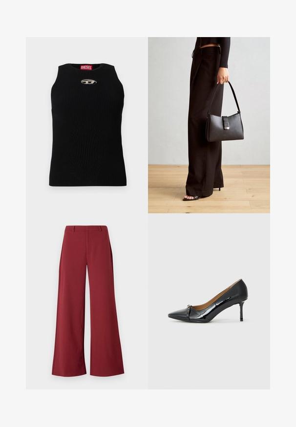 Svart ribbet tanktop med rund halslinning, med en sølv Diesel-logo i midten. Stoffet er teksturert og tettsittende.; Vide bukser i en dyb bordeaux farve. Lavet af et glat, strækbart stof med skræddersyede sømme og en lynlåslukning foran.; Sorte patent lær høyhælte sko med spiss tå, dekorativ stroppdetalj foran og tynn stiletthel.; Svart håndveske med strukturert form, jevn tekstur og metallisk lås. Kombinert med brede svarte bukser og sandaler med åpen tå på tregulv.