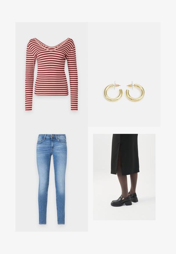Langarmshirt in roten und hellrosa Streifen, mit tiefem V-Ausschnitt, geripptem Material und figurbetontem Schnitt.; Marineblaues Cordhemd mit Knopfleiste, Kragen und Dreiviertelärmeln. Merkmale sind ein taillierter, geraffter Saum und eine weiche Textur.; Slim-Fit hellblaue Jeans im Denim-Stil mit mittelhohem Bund, vorderem Knopf und Fünf-Taschen-Design.; Schwarze Lederschuhe mit abgerundetem Zeh, dicker Blockabsatz und elastischen seitlichen Akzenten, kombiniert mit dunklen Strumpfhosen und einem schwarzen Rock mit Schlitz.; Goldene Creolen mit einer glatten, glänzenden Oberfläche. Zirkuläres Design mit einem kleinen Stecker und einer klaren Rückseite für einen sicheren Sitz.